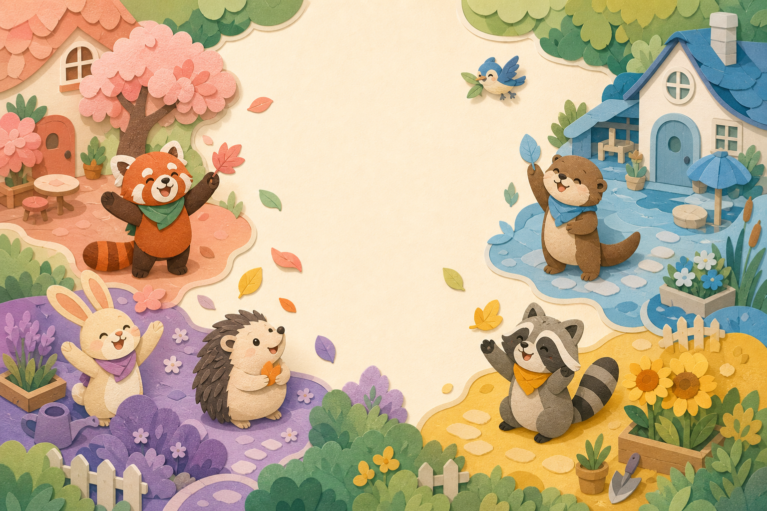 A red panda, bunny, bird and other Tiny Neighbors residents in a cozy garden