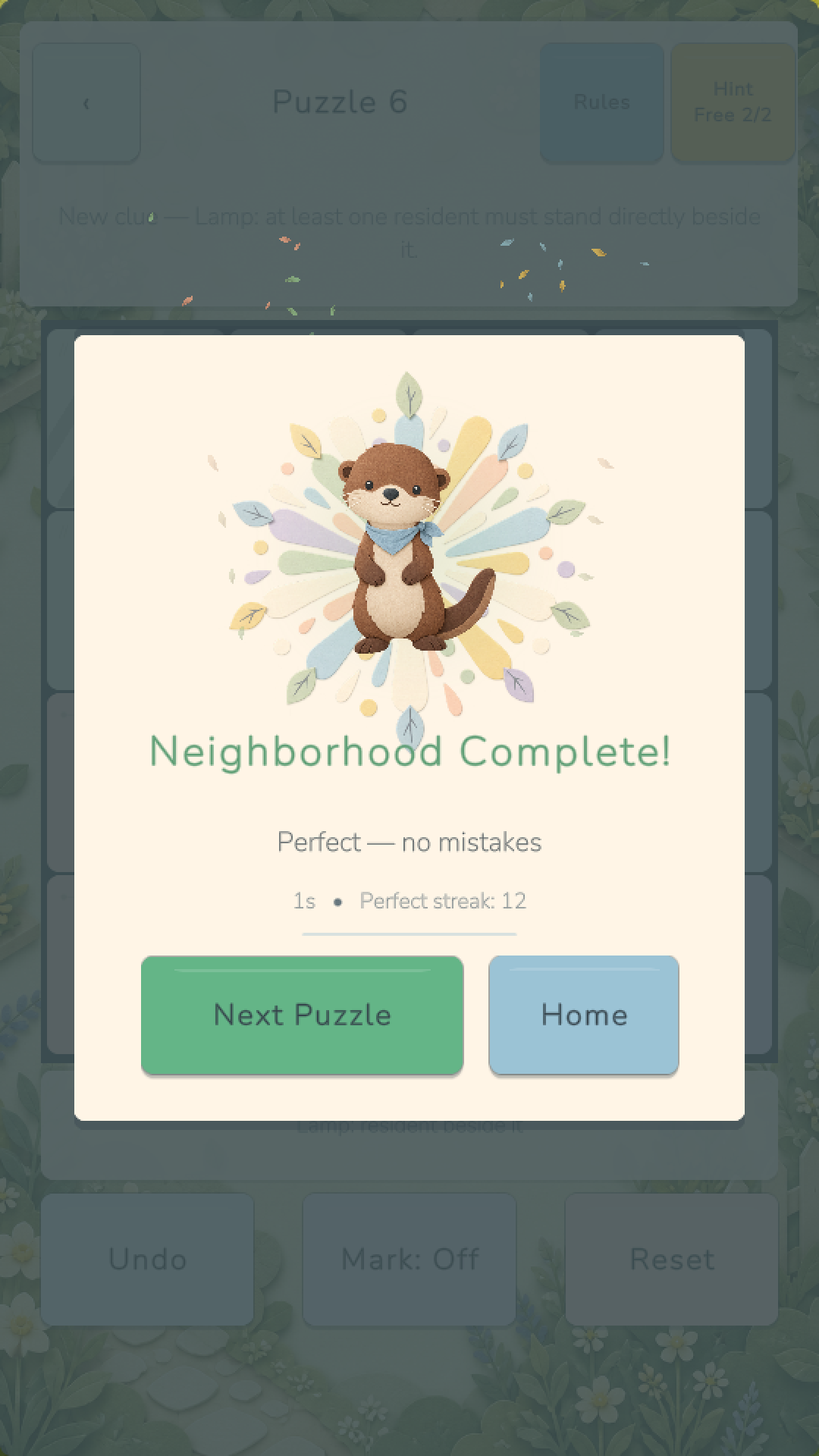 Tiny Neighbors puzzle completion celebration